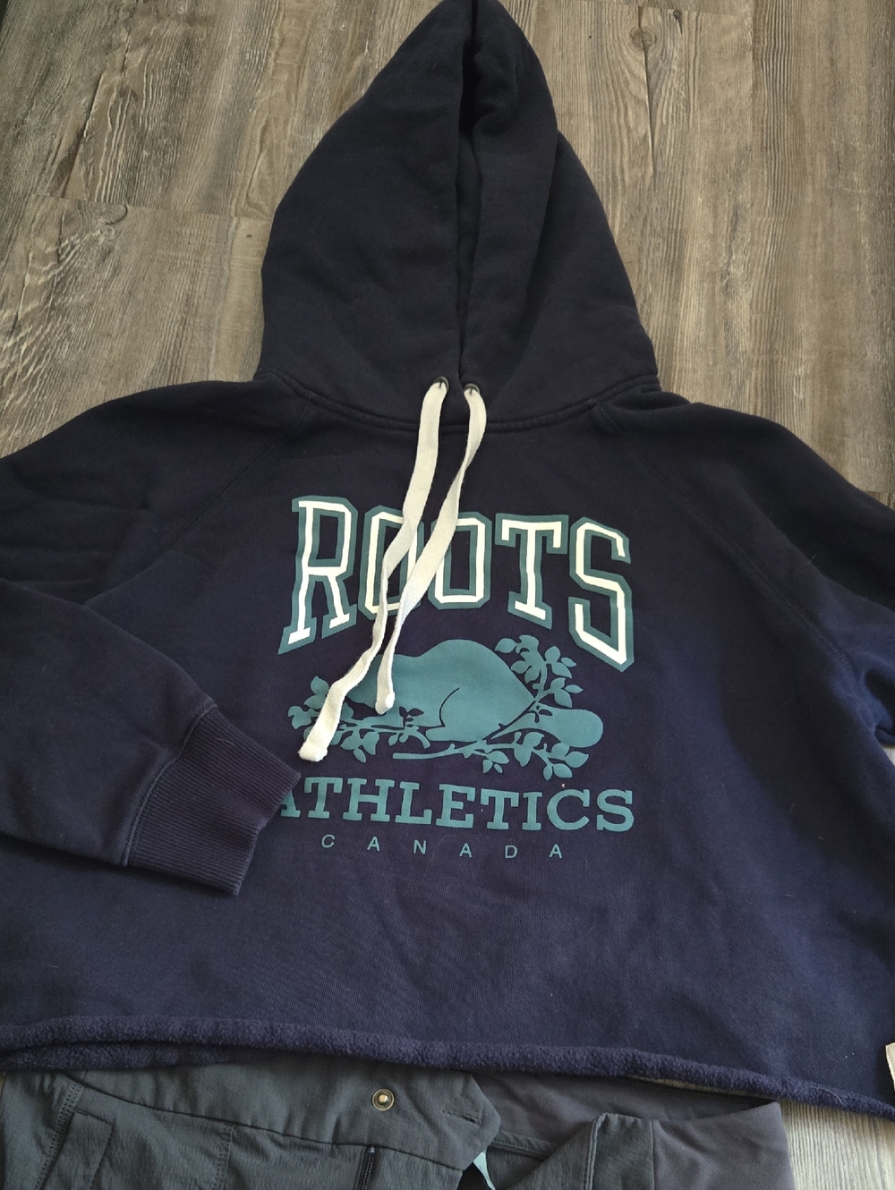 Roots Navy Hoodie with Teal Logo and Cream Drawstrings